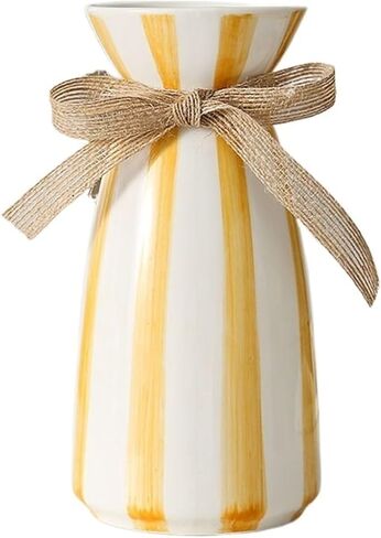Modern simple blue striped ceramic vase, creative bow desktop dried flower bouquet Nordic vase decoration ornaments 3.9"" x 7.9""(Yellow) in Saudi Arabia