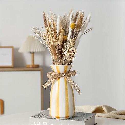 Modern simple blue striped ceramic vase, creative bow desktop dried flower bouquet Nordic vase decoration ornaments 3.9"" x 7.9""(Yellow) in Saudi Arabia