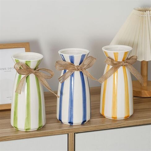 Modern simple blue striped ceramic vase, creative bow desktop dried flower bouquet Nordic vase decoration ornaments 3.9"" x 7.9""(Yellow) in Saudi Arabia