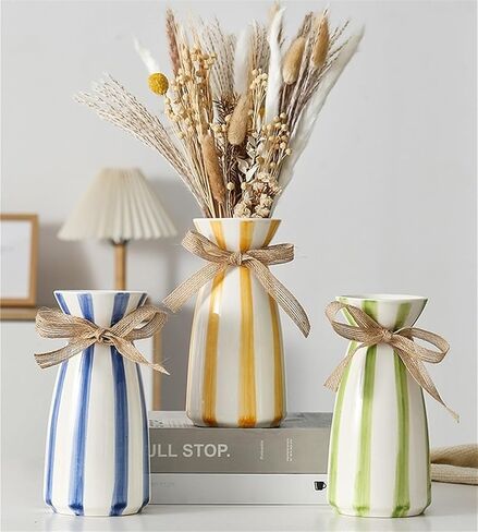 Modern simple blue striped ceramic vase, creative bow desktop dried flower bouquet Nordic vase decoration ornaments 3.9"" x 7.9""(Yellow) in Saudi Arabia