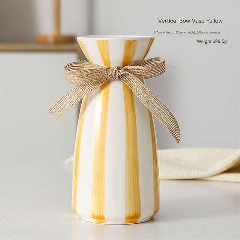 Modern simple blue striped ceramic vase, creative bow desktop dried flower bouquet Nordic vase decoration ornaments 3.9"" x 7.9""(Yellow) in Saudi Arabia