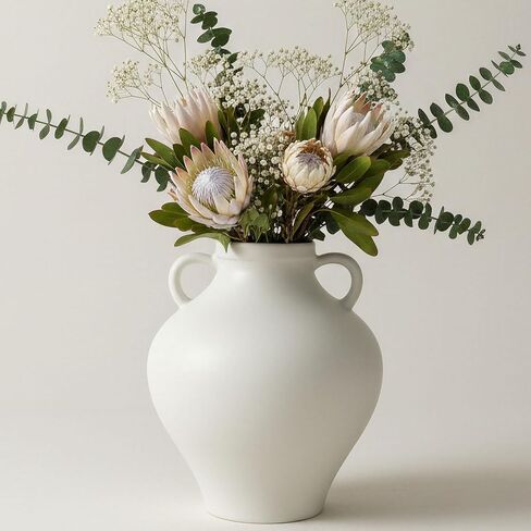 hjn White Ceramic Vase with Double Handles - Minimalist Decorative Tabletop Vase for Fresh/Dried Flowers, Home Living Room Bedroom Office Decor | Housewarming Gift Vase (Urn-Shaped-8''dx9''h) in Kuwait