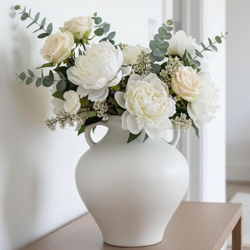 hjn White Ceramic Vase with Double Handles - Minimalist Decorative Tabletop Vase for Fresh/Dried Flowers, Home Living Room Bedroom Office Decor | Housewarming Gift Vase (Urn-Shaped-8''dx9''h) in Kuwait