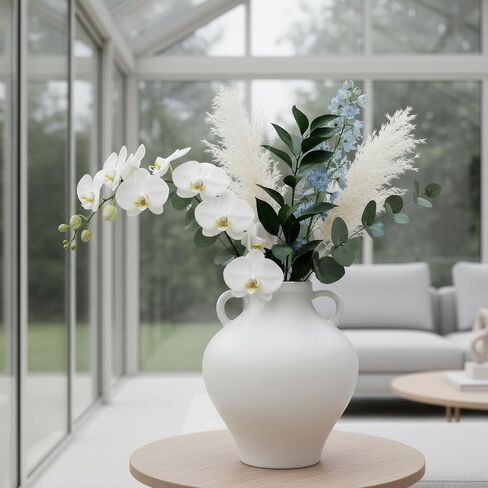 hjn White Ceramic Vase with Double Handles - Minimalist Decorative Tabletop Vase for Fresh/Dried Flowers, Home Living Room Bedroom Office Decor | Housewarming Gift Vase (Urn-Shaped-8''dx9''h) in Kuwait