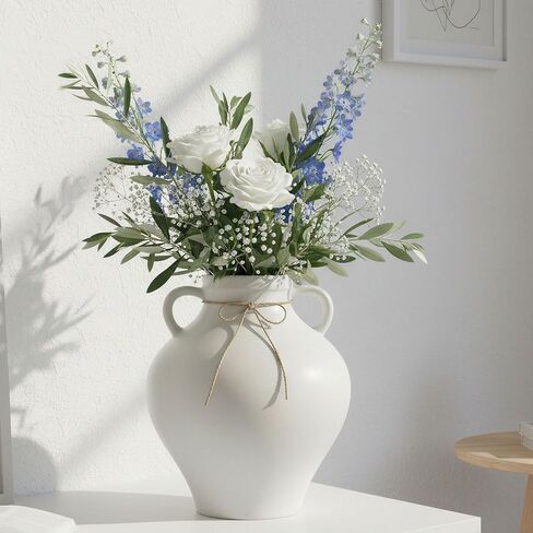 hjn White Ceramic Vase with Double Handles - Minimalist Decorative Tabletop Vase for Fresh/Dried Flowers, Home Living Room Bedroom Office Decor | Housewarming Gift Vase (Urn-Shaped-8''dx9''h) in Kuwait