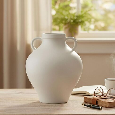 hjn White Ceramic Vase with Double Handles - Minimalist Decorative Tabletop Vase for Fresh/Dried Flowers, Home Living Room Bedroom Office Decor | Housewarming Gift Vase (Urn-Shaped-8''dx9''h) in Kuwait