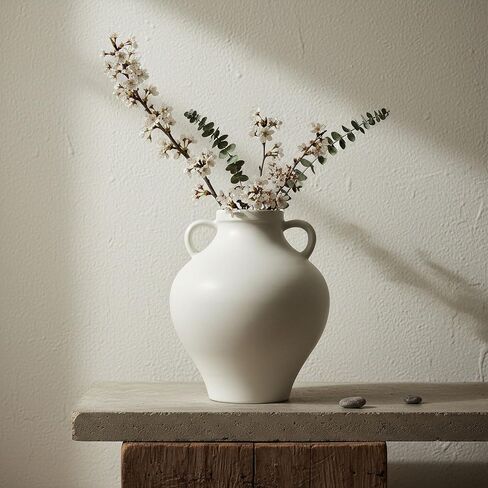 hjn White Ceramic Vase with Double Handles - Minimalist Decorative Tabletop Vase for Fresh/Dried Flowers, Home Living Room Bedroom Office Decor | Housewarming Gift Vase (Urn-Shaped-8''dx9''h) in Kuwait