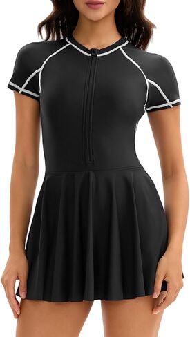 FEOYA Women's Swimsuit Rash Guard One Piece Swim Dress Short Sleeve Bathing Suit Athletic Swimskirt in Saudi Arabia