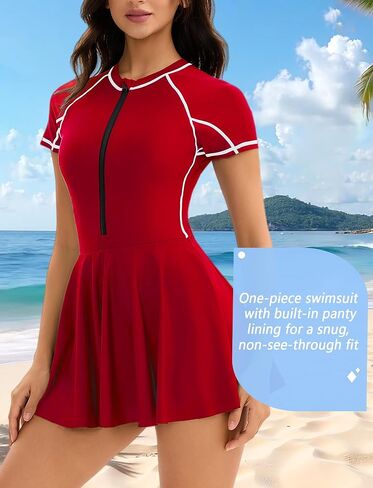 FEOYA Women's Swimsuit Rash Guard One Piece Swim Dress Short Sleeve Bathing Suit Athletic Swimskirt in Saudi Arabia