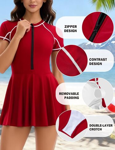 FEOYA Women's Swimsuit Rash Guard One Piece Swim Dress Short Sleeve Bathing Suit Athletic Swimskirt in Saudi Arabia