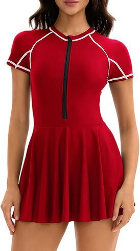 FEOYA Women's Swimsuit Rash Guard One Piece Swim Dress Short Sleeve Bathing Suit Athletic Swimskirt in Saudi Arabia