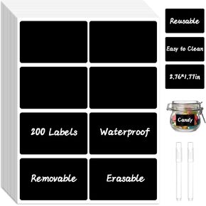 200 Chalkboard Labels, Removable Labels for Storage Bins Food Containers, Waterproof Reusable Blackboard Stickers, Label Stickers with 2 Liquid Chalk Marker for Spice Jars Pantry Mason Bottle in Kuwait