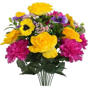HUAESIN Cemetery Flowers for Grave Memorial Flowers Silk Dahlias Spring Flowers Indoor Outdoor Artificial Flower Arrangement for Kitchen Table Centerpieces Grave (Yellow,hotpink) in Kuwait