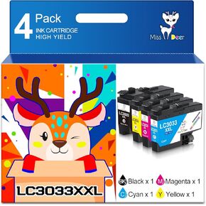 خراطيش حبر MS DEER LC3033 BK/C/M/Y، بديلة متوافقة لطابعة Brother LC3033XXL LC 3033 XXL LC3033BK LC3035 عالية الإنتاجية لطابعة MFC-J995DW MFC-J805DW MFC-J815DW مع شريحة ذكية، مختومة in Kuwait