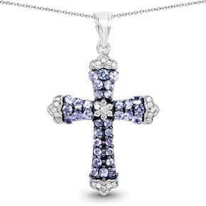 Fine Color Jewels Genuine Tanzanite Cross Crown Pendant Necklace 925 Sterling Silver Rhodium Plated Round Cut Tanzanite Gemstone 1.84 Ctw Cross Design December Birthstone Pendant in Kuwait