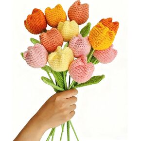 12Pcs Handmade Crochet Tulip Bouquet, Completed Knitted Yarn Artificial Tulips, Charming Knitted Flower Bouquet for Valentine's Day Mother's Day Birthday Anniversary in Kuwait