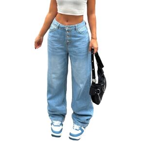 Womens Baggy Jeans Casual Wide Leg Jeans Boyfriend Low Rise Denim Streetwear Button Fly Loose fit Trendy Pants in Saudi Arabia