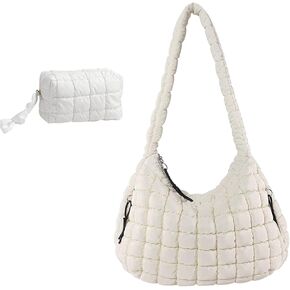 Women Large Quilted Tote Bag Lightweight Quilted Carryall GYM Bag Soft Puffy Crossbody Bag Hobo Handbags Wallet (Beige) in Kuwait