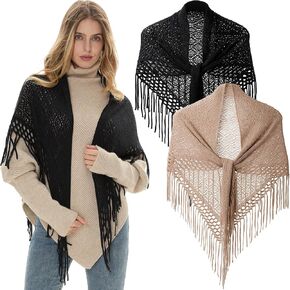 3 Pcs Fringe Shrug Sweaters for Women Shawl Front Warp Cardigan Hollow Out Knitted Shawl Sweaters for Winter, White, Black, Khaki in Kuwait