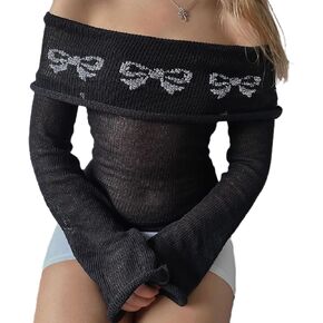 Women Y2k Off The Shoulder Sweater Lace Trim Long Sleeve Knit Pullover Sweaters Cute Kawaii Bow Aesthetic Streetwear in Kuwait
