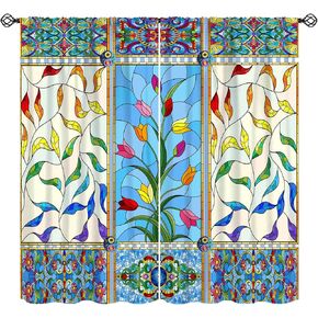 Abstract Stained Glass Curtains, Flowers Swirls Stained Glass Style Window Print Vintage Window Treatments, Rod Pocket Thermal Insulated Drapes for Bedroom Living Room, 42" W X 45" L【Decor】 in Kuwait