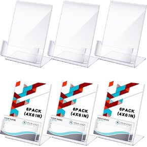 Crtiin 6 Pcs 4 x 6 Inch Acrylic Slanted Sign Holder with Business Card Holders Clear Display Stand Flyer Stand with Gift Card Holder Slanted Paper Holder for Office Table Advertisement Brochure in Kuwait
