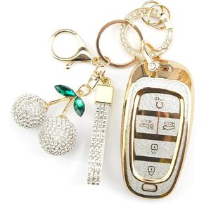 Sparkly Key Fob Cover with Cherry Keychain, Bling TPU Smart Key Case for Women, Compatible with Hyundai Tucson 2022-2024 Sonata 2019-2023 Santa Cruz 2021-2024 (5-Button, Gold Pink) in Kuwait