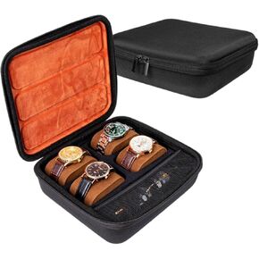 حافظة ساعة للسفر، صندوق تخزين ذو 4 فتحات بهيكل صلب لإكسسوارات نظارات الساعة، حقيبة منظمة بسحاب للنساء والرجال (الجراب فقط) in Kuwait