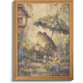 3D Textured Framed Vintage Frog Wall Art, Rustic Farmhouse Animal Wall Decor, Funny Frog with Umbrella Sandstone Painting, Whimsical Cottagecore Picture for Living Room Bedroom 12x16 Inch in Saudi Arabia
