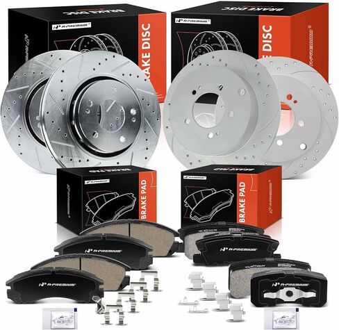 A-Premium Front and Rear Drilled and Slotted Disc Brake Rotors + Ceramic Pads Kit Compatible with Select Mitsubishi Models - Lancer 2009-2015, 12-PC Set in Saudi Arabia