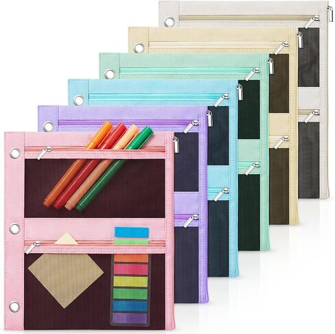 Lanpn 6 Pcs Pencil Pouch for 3 Ring Binder, 2 Pocket Zipper Binder Pouch, Pastel Binders Pencil Case, School Supplies for Boy Girl Student Office Home, Reinforced Grommets, Clear Window, Micro Mesh in Kuwait