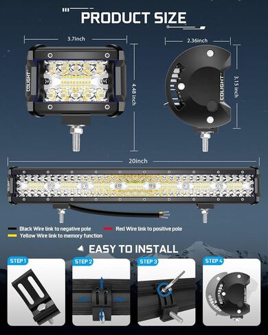 CO LIGHT 20 Inch LED Light Bar Combo with 2x4 Inch LED Pod | White Amber Strobe Lights - 6 Modes | Memory Function | Ideal Off-Road Lighting Solution for Trucks, Car, ATV, SUV, Boat in Kuwait