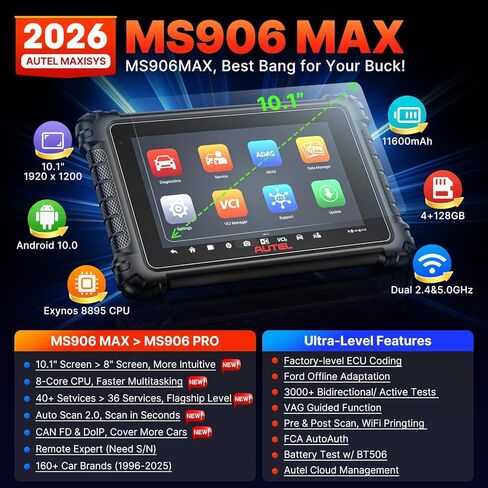 2026 Autel Scanner MaxiSys MS906 MAX، 10.1 بوصة MS906MAX 2.0 Up of MS906 PRO MP900BT MS908S MK908، أداة المسح التشخيصي ثنائية الاتجاه OE، CAN FD DoIP، 3000+ اختبار نشط، 40+ إعادة تعيين، جميع الأنظمة، المسح التلقائي 2.0 in Saudi Arabia