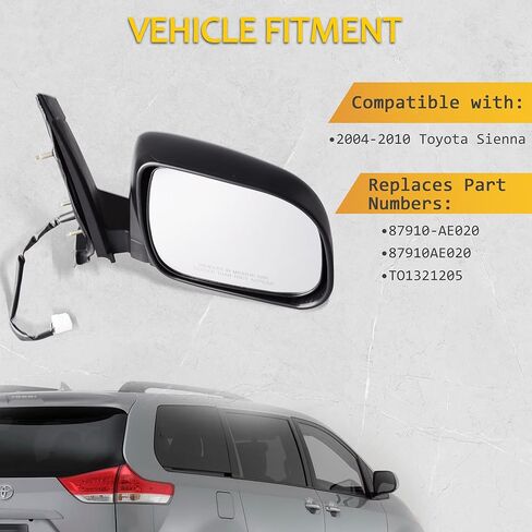 مرآة الرؤية الجانبية للجانب الأيمن للراكب قابلة للطي يدويًا متوافقة مع Toyota Sienna 2004-2010 تحل محل 87910AE020 TO1321205 in Kuwait