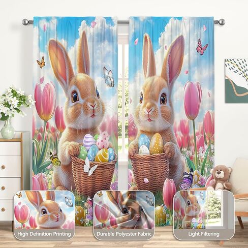 ZTHMOE Spring Easter Bunny Curtains Cute Rabbits Colorful Eggs Pink Floral Flowers Hanging Rod Pocket Window Treatment Drapes for Bedroom Living Room 2 Panels Set 52x85.5 Inch in Saudi Arabia