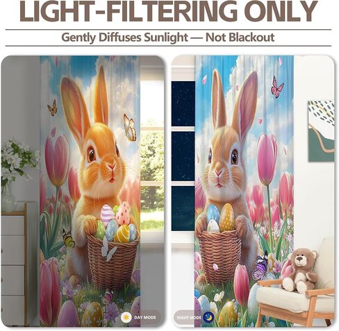 ZTHMOE Spring Easter Bunny Curtains Cute Rabbits Colorful Eggs Pink Floral Flowers Hanging Rod Pocket Window Treatment Drapes for Bedroom Living Room 2 Panels Set 52x85.5 Inch in Saudi Arabia