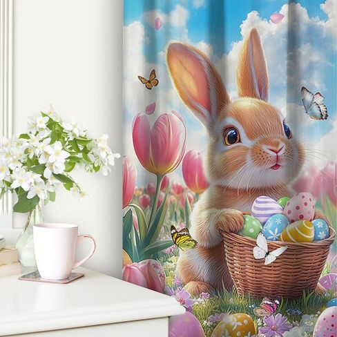 ZTHMOE Spring Easter Bunny Curtains Cute Rabbits Colorful Eggs Pink Floral Flowers Hanging Rod Pocket Window Treatment Drapes for Bedroom Living Room 2 Panels Set 52x85.5 Inch in Saudi Arabia