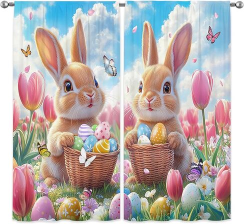 ZTHMOE Spring Easter Bunny Curtains Cute Rabbits Colorful Eggs Pink Floral Flowers Hanging Rod Pocket Window Treatment Drapes for Bedroom Living Room 2 Panels Set 52x85.5 Inch in Saudi Arabia