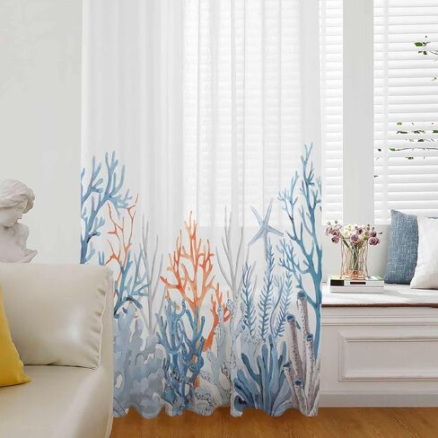 Watercolor Coral Window Curtains 72 Inches Long,Semi Sheer Rod Pocket Chiffon Curtains & Drapes Drapery Voile Draperies for Living Room/Bedroom/Kitchen,Blue Summer Ocean Starfish Simple White in Saudi Arabia