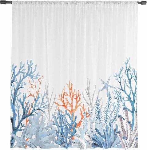 Watercolor Coral Window Curtains 72 Inches Long,Semi Sheer Rod Pocket Chiffon Curtains & Drapes Drapery Voile Draperies for Living Room/Bedroom/Kitchen,Blue Summer Ocean Starfish Simple White in Saudi Arabia