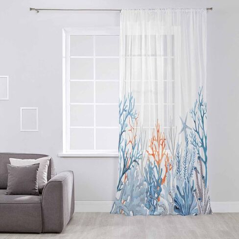 Watercolor Coral Window Curtains 72 Inches Long,Semi Sheer Rod Pocket Chiffon Curtains & Drapes Drapery Voile Draperies for Living Room/Bedroom/Kitchen,Blue Summer Ocean Starfish Simple White in Saudi Arabia