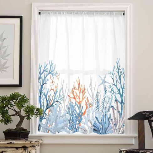 Watercolor Coral Window Curtains 72 Inches Long,Semi Sheer Rod Pocket Chiffon Curtains & Drapes Drapery Voile Draperies for Living Room/Bedroom/Kitchen,Blue Summer Ocean Starfish Simple White in Saudi Arabia