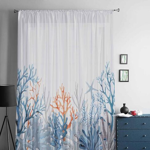 Watercolor Coral Window Curtains 72 Inches Long,Semi Sheer Rod Pocket Chiffon Curtains & Drapes Drapery Voile Draperies for Living Room/Bedroom/Kitchen,Blue Summer Ocean Starfish Simple White in Saudi Arabia
