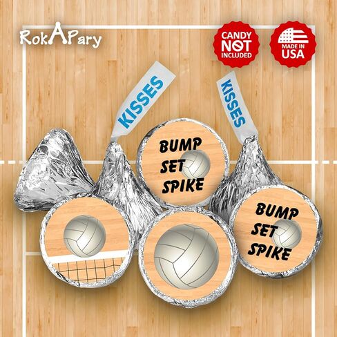216 Sports Volleyball Kisses Stickers, Kisses Stickers for Birthday Party, Baby Shower, Wedding, Graduation, or Any Family Event Decorations, Candy Not Included. Made in USA in Saudi Arabia