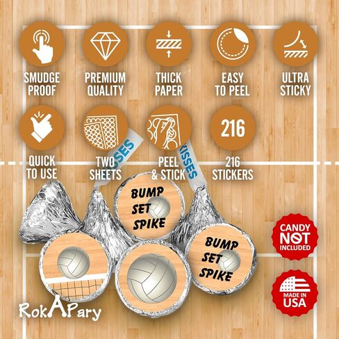 216 Sports Volleyball Kisses Stickers, Kisses Stickers for Birthday Party, Baby Shower, Wedding, Graduation, or Any Family Event Decorations, Candy Not Included. Made in USA in Saudi Arabia