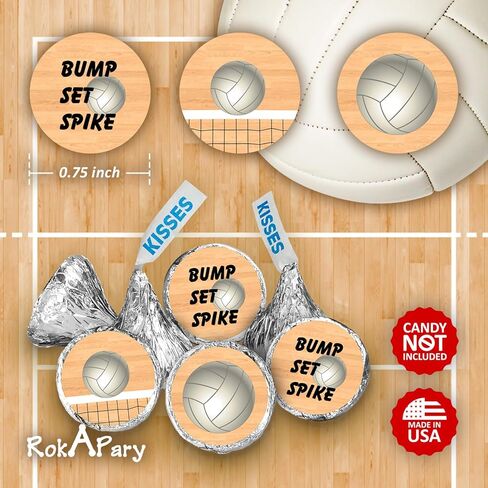 216 Sports Volleyball Kisses Stickers, Kisses Stickers for Birthday Party, Baby Shower, Wedding, Graduation, or Any Family Event Decorations, Candy Not Included. Made in USA in Saudi Arabia