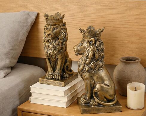 Lion Statue Decor 7 inch Resin, Antique Gold Decor Accent Crown Lion Statue Man Home Office Desk Table Shelf Decoration, Men Father Leo Lion Gift in Kuwait