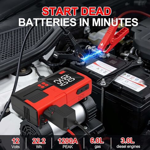 Car Battery Jump Starter with Air Compressor, 6000mAh Tire Inflator, 16.8V Portable Jump Box with LED Light/Flashlight for 6.0L Gas/3.0L Diesel, Car Battery Jumper Starter Portable, Jumper Cables in Saudi Arabia