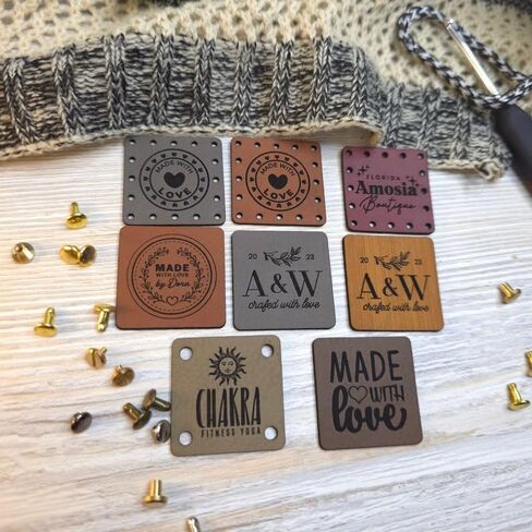 Customized 1.2 x 1.2 inches Faux Leather Product Tags with Rivets, Personalized Tags for Knitting Crochet, Cute Labels Handmade Perfect for Hats Beanies Scarves & More, Labels for Knits in Kuwait