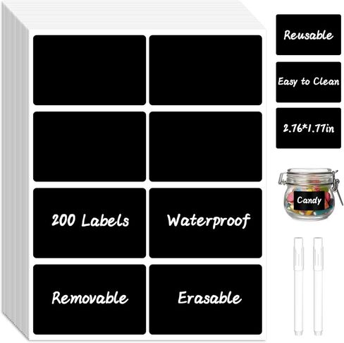 200 Chalkboard Labels, Removable Labels for Storage Bins Food Containers, Waterproof Reusable Blackboard Stickers, Label Stickers with 2 Liquid Chalk Marker for Spice Jars Pantry Mason Bottle in Kuwait